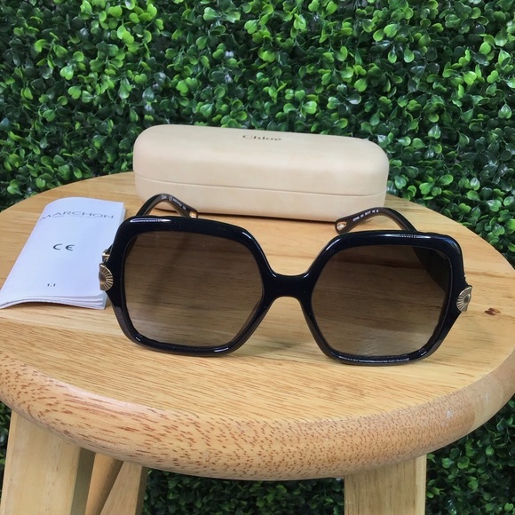 CHLOE - VERA BLACK SCALLOPED SQUARE FRAME SUNGLASSES - NEW - Picture 5 of 15